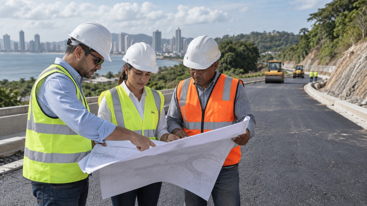 Panama road engineers reviewing a new local roadway project