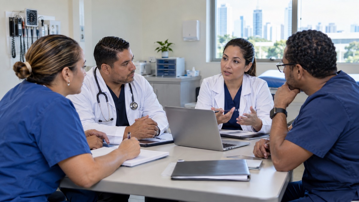 Panama public health clinic team consulting together in a private respectful treatment coordination meeting, no patients identifiable