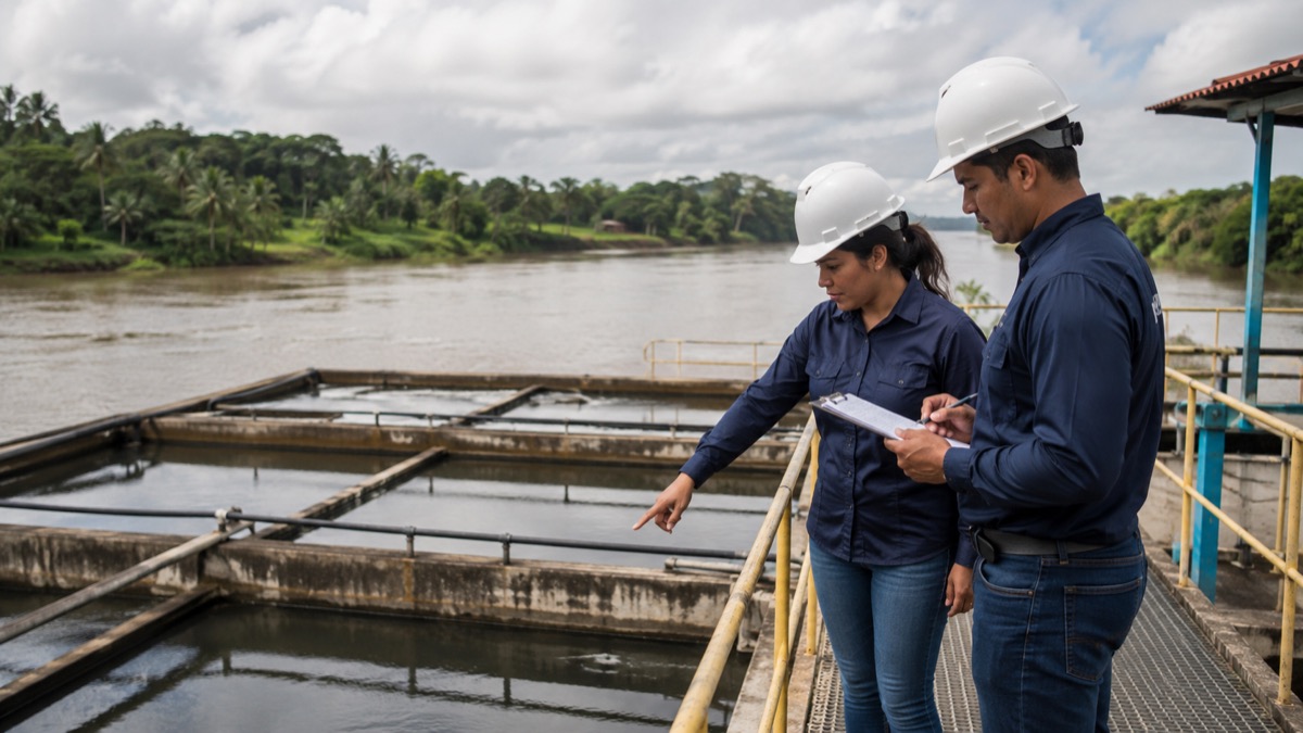 environmental technicians inspecting a wastewater treatment facility beside a tropical river in Panama, safe factual documentary scene with no visible waste