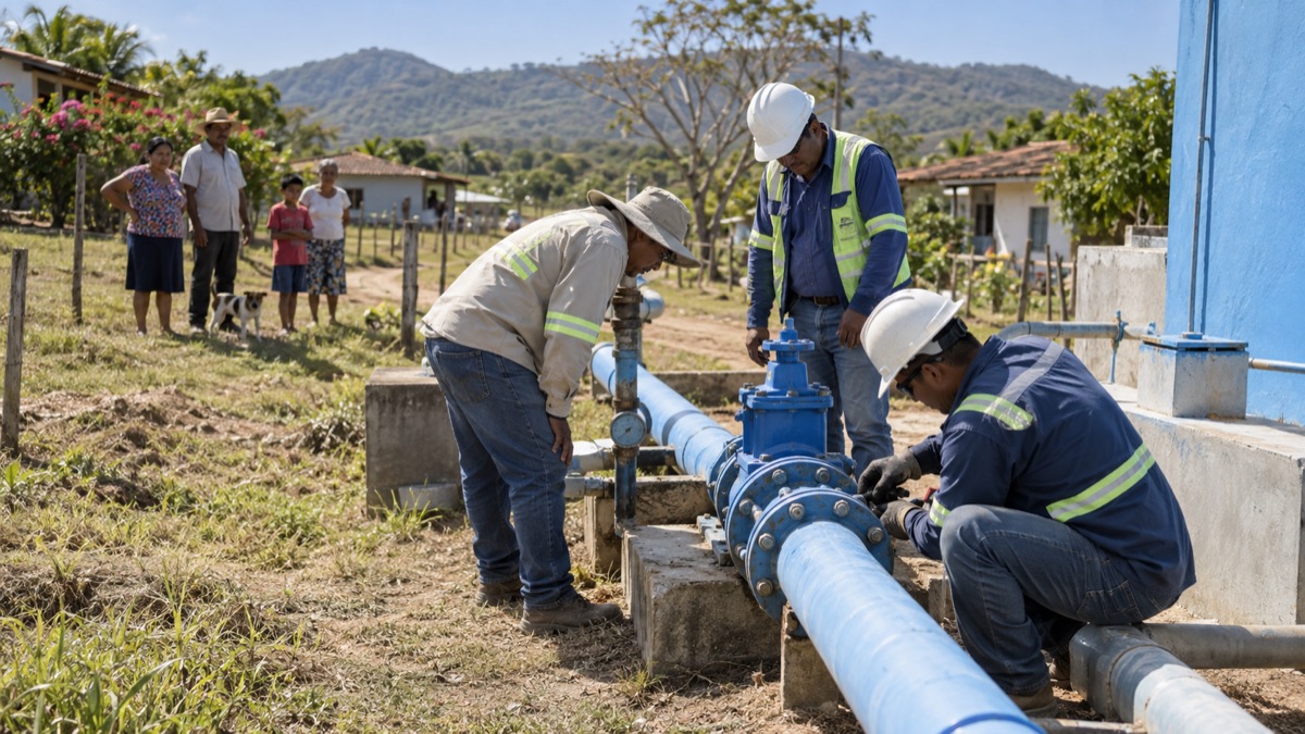 water infrastructure workers inspecting pipes near a rural Azuero community with residents watching from a distance, no logos or text