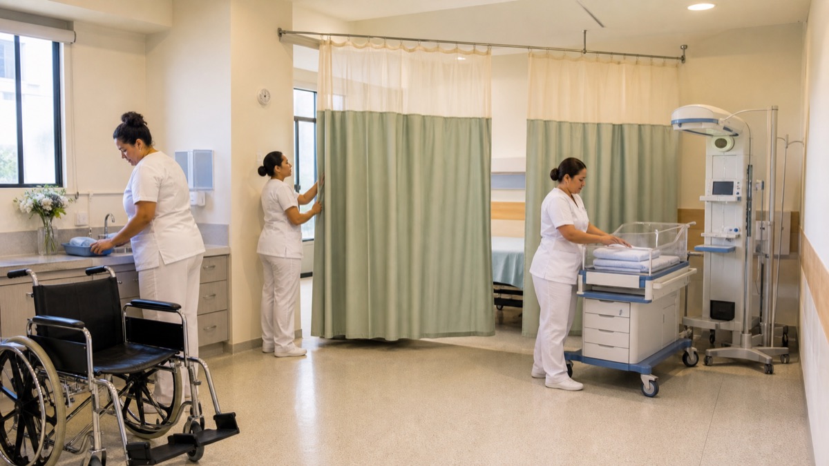 hospital maternity team preparing a private care area in a Panama public hospital, empty wheelchair and clean neonatal equipment, no patient visible