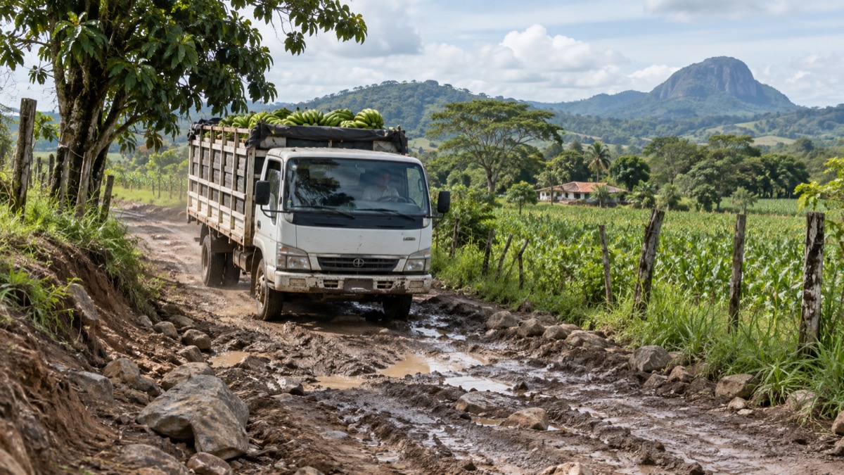rural Cocle farm road with produce truck moving carefully through a rough but non-dangerous section, wide factual documentary scene