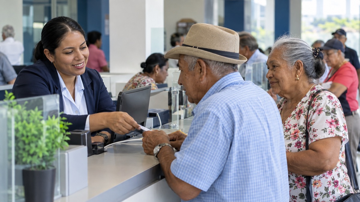 Panama senior citizens receiving friendly assistance at a social security payment service desk, natural documentary scene, no readable forms or logos