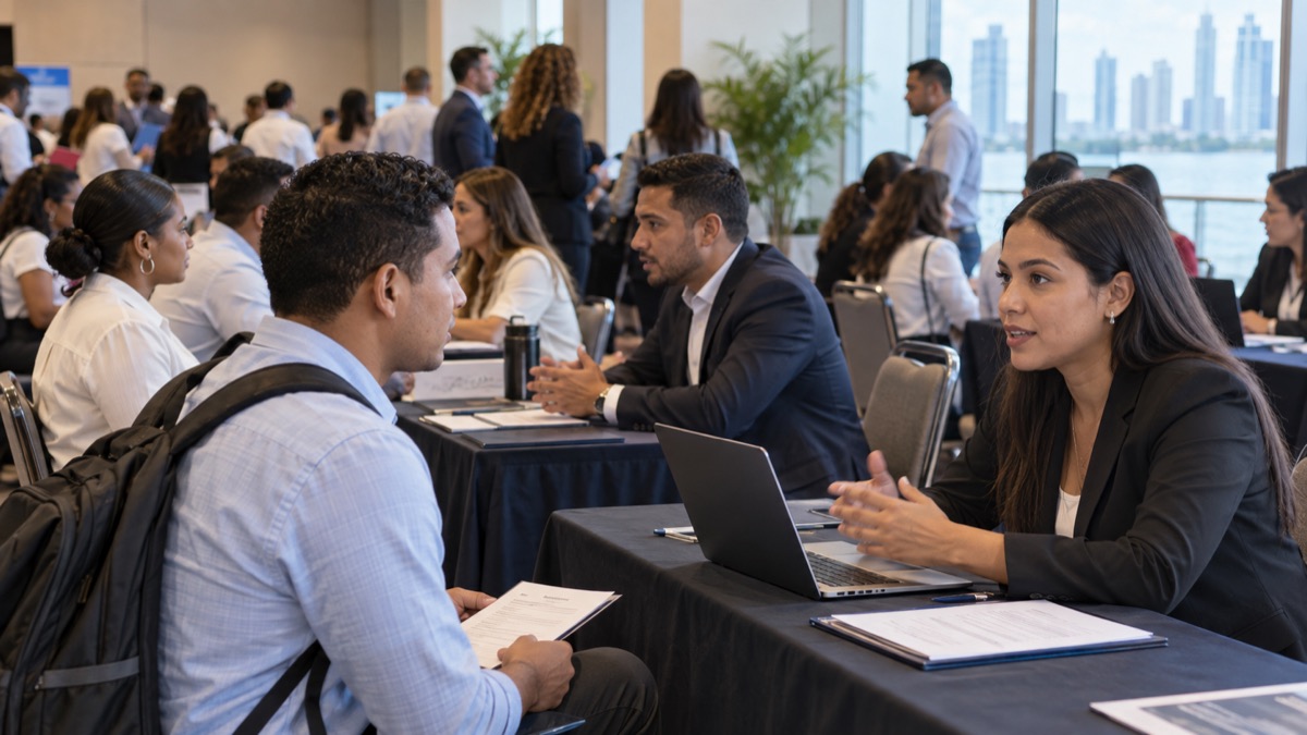 Panama job fair with adult applicants speaking to recruiters