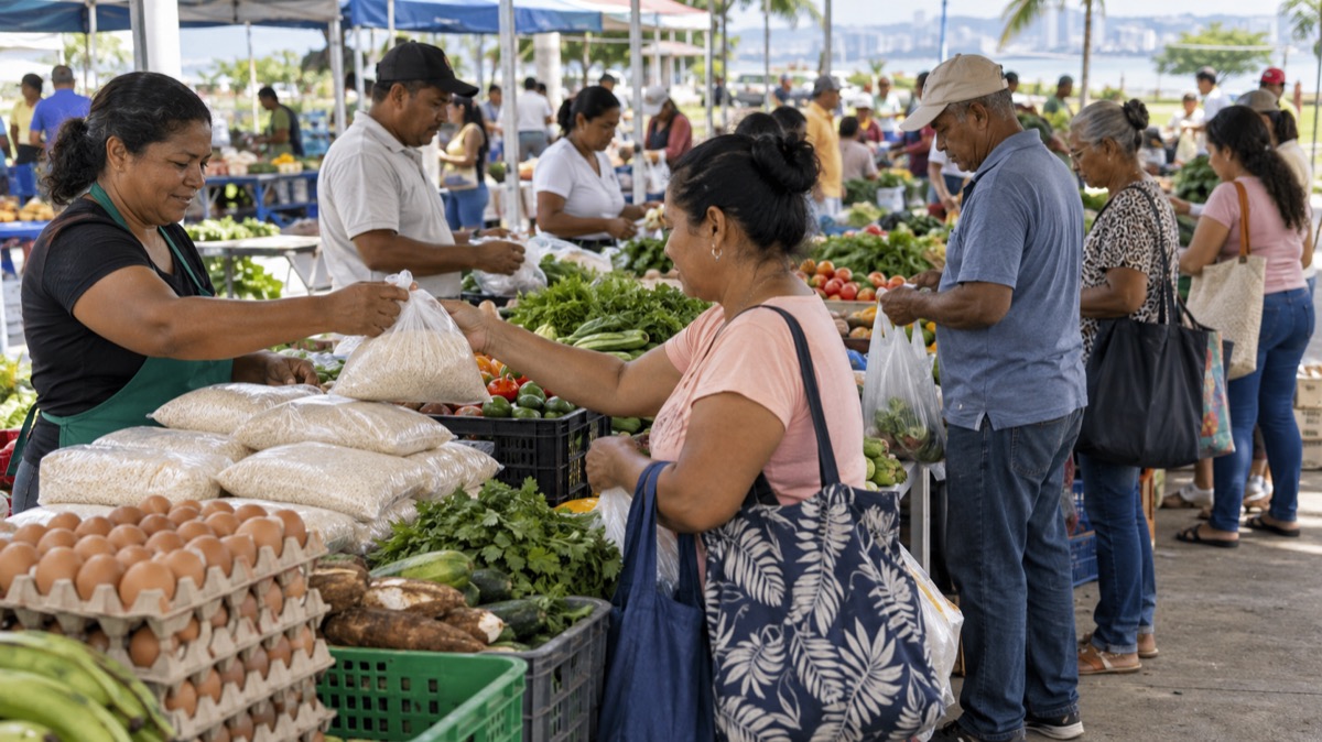 Panama community agro-fair with shoppers buying rice vegetables and eggs from orderly tables, no readable signs or branded banners