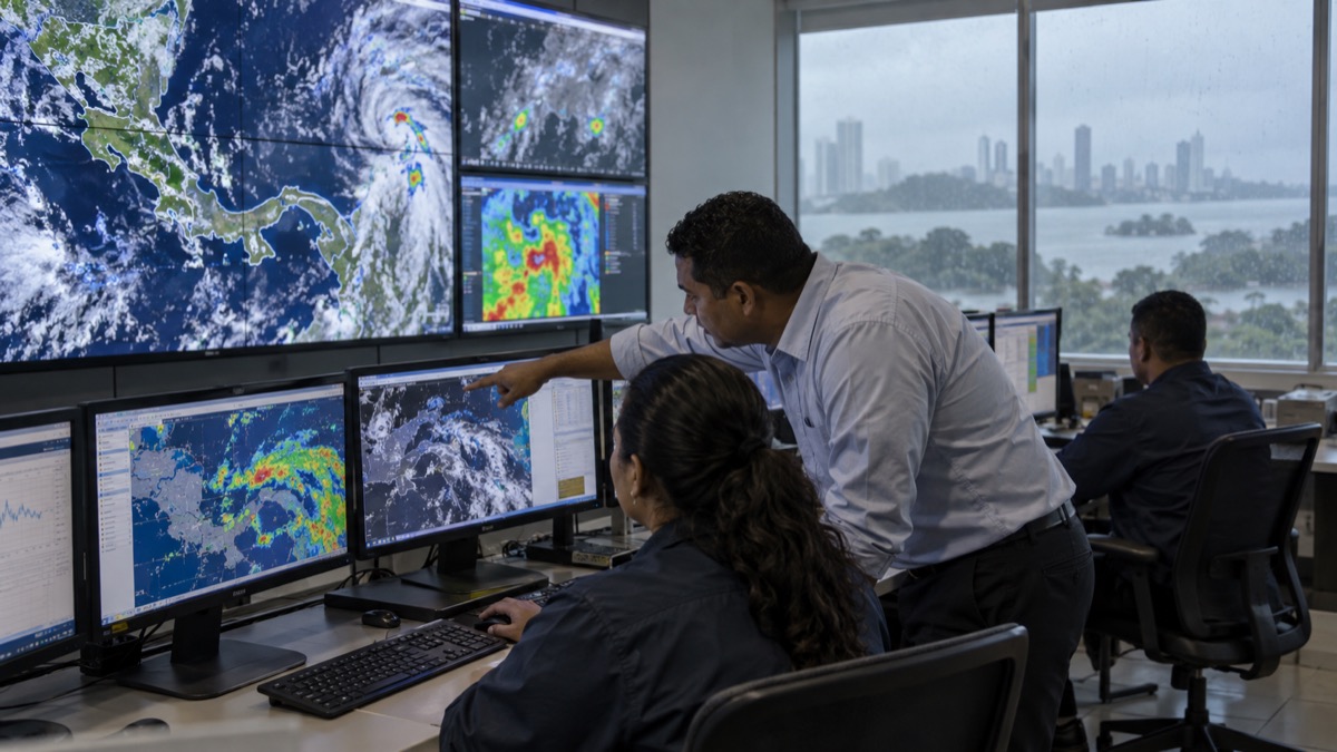 Panama weather scientists monitoring rainfall data in a control room