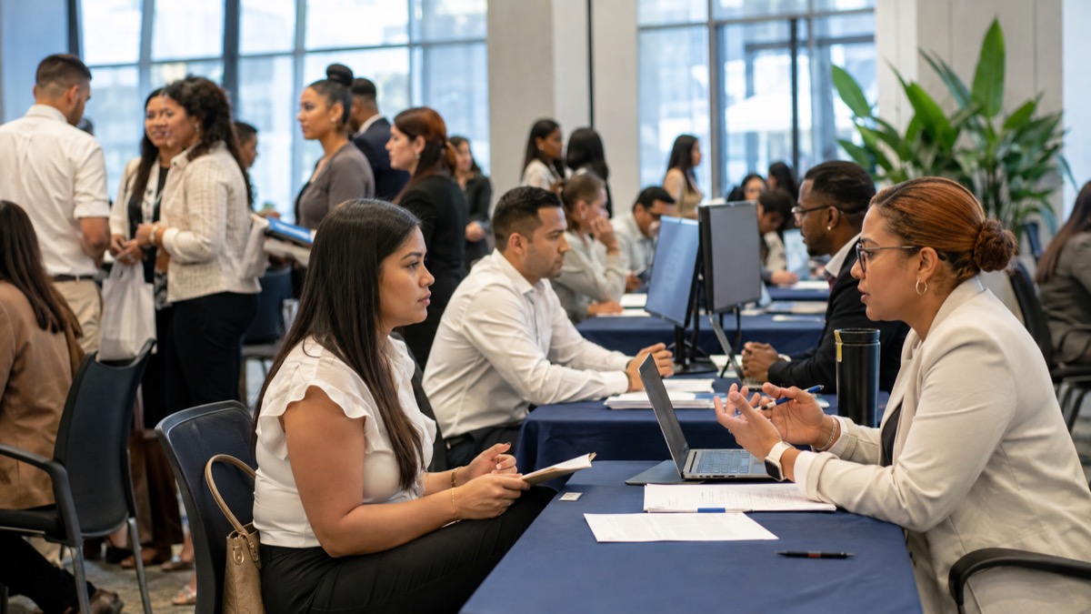 Panama job fair with diverse jobseekers meeting employers at modern booths, generic screens with no readable text or logos