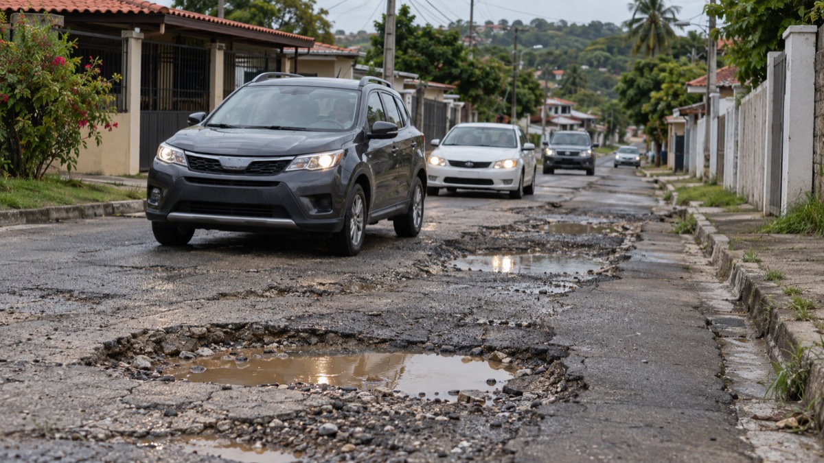 residential street in Alcalde Diaz Panama with clearly visible potholes and drivers moving slowly, no collision or danger depicted