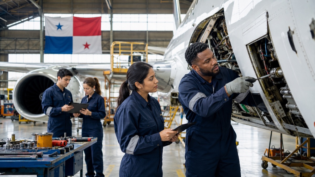 diverse newly trained aviation technicians inspecting a commercial aircraft inside a bright maintenance hangar in Panama, generic uniforms and aircraft