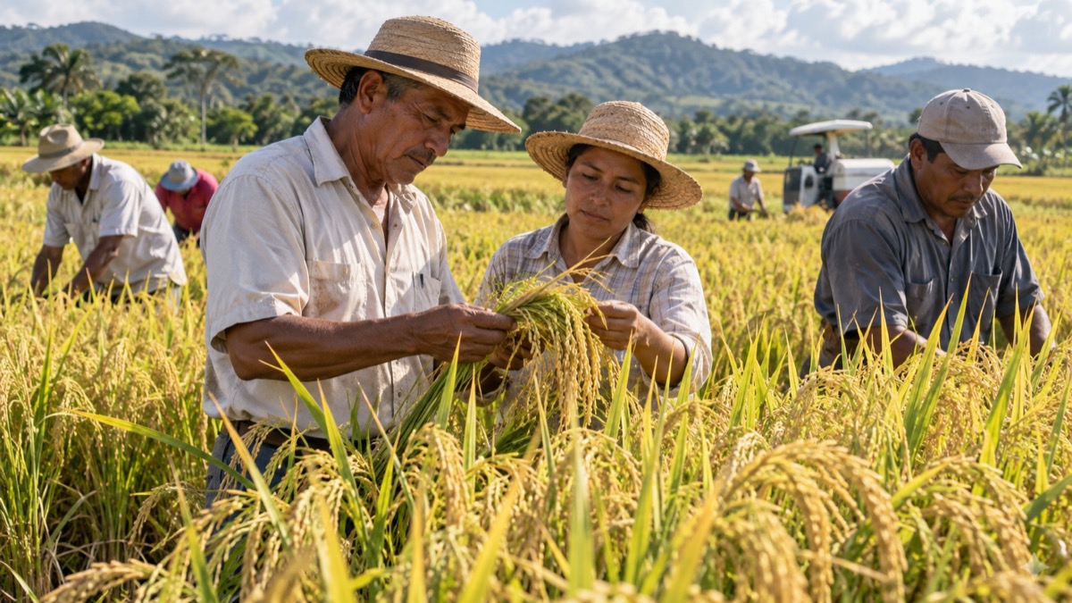 Panama rice farmers examining golden rice plants in a field with agricultural workers, realistic documentary photograph