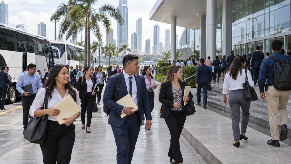 Panama job fair arrival area near a modern convention center with buses and job seekers carrying folders, no readable signs or logos