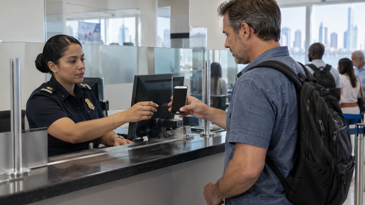 Panama immigration service desk where a foreign resident checks a smartphone digital ID with an officer, no readable phone screen