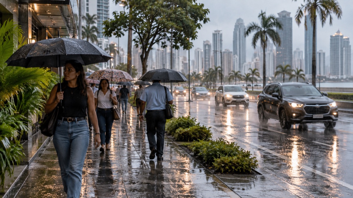 Panama residents using umbrellas on a rain-soaked city street with safe traffic
