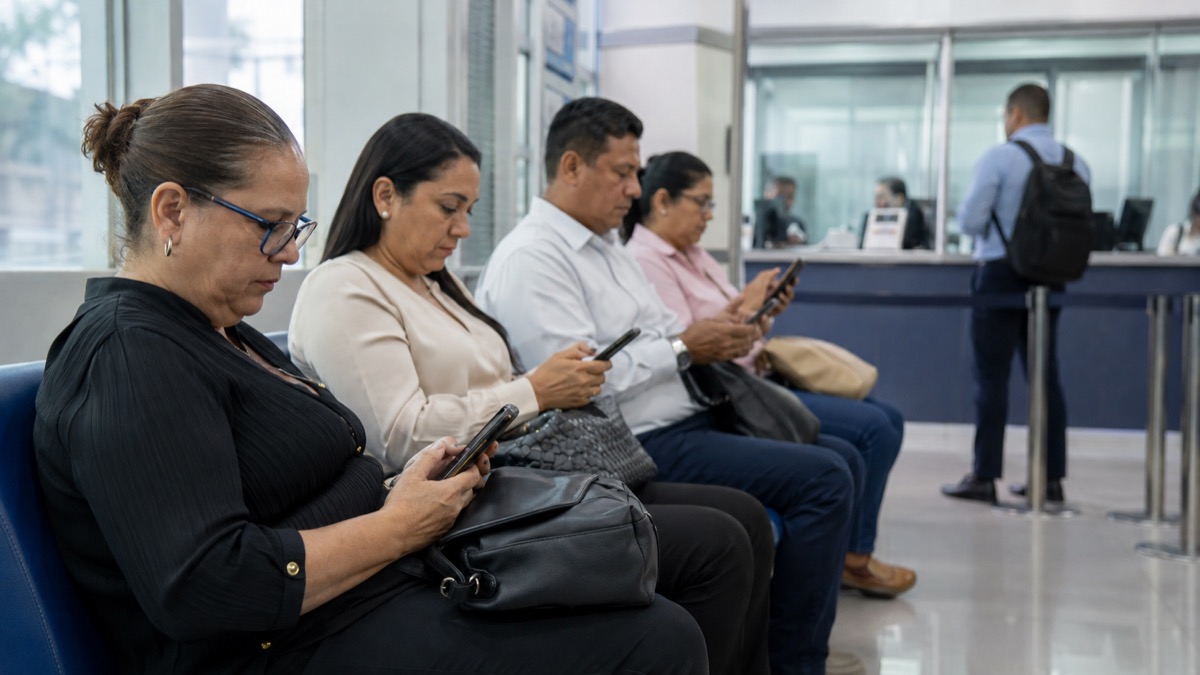 public-sector employees in Panama at a banking service centre checking generic payroll deposits on phones, no readable screens or banking logos