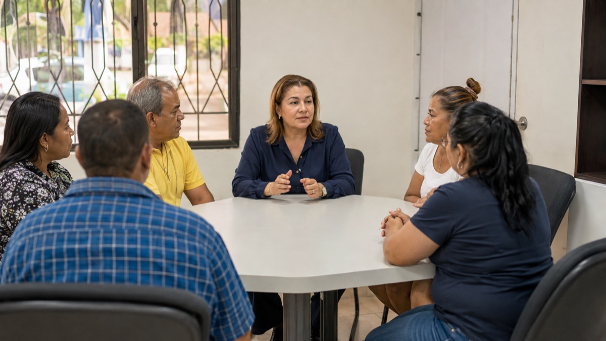 community mediation office in San Miguelito Panama with residents and a neutral facilitator seated around a table, calm respectful documentary scene
