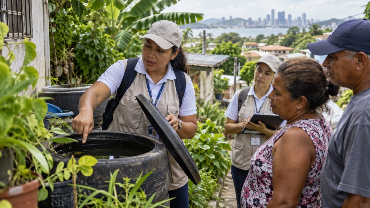 Panama public health workers conducting mosquito prevention outreach, no text
