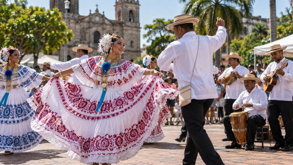 Panama folk music festival with dancers and musicians in traditional dress, no flags
