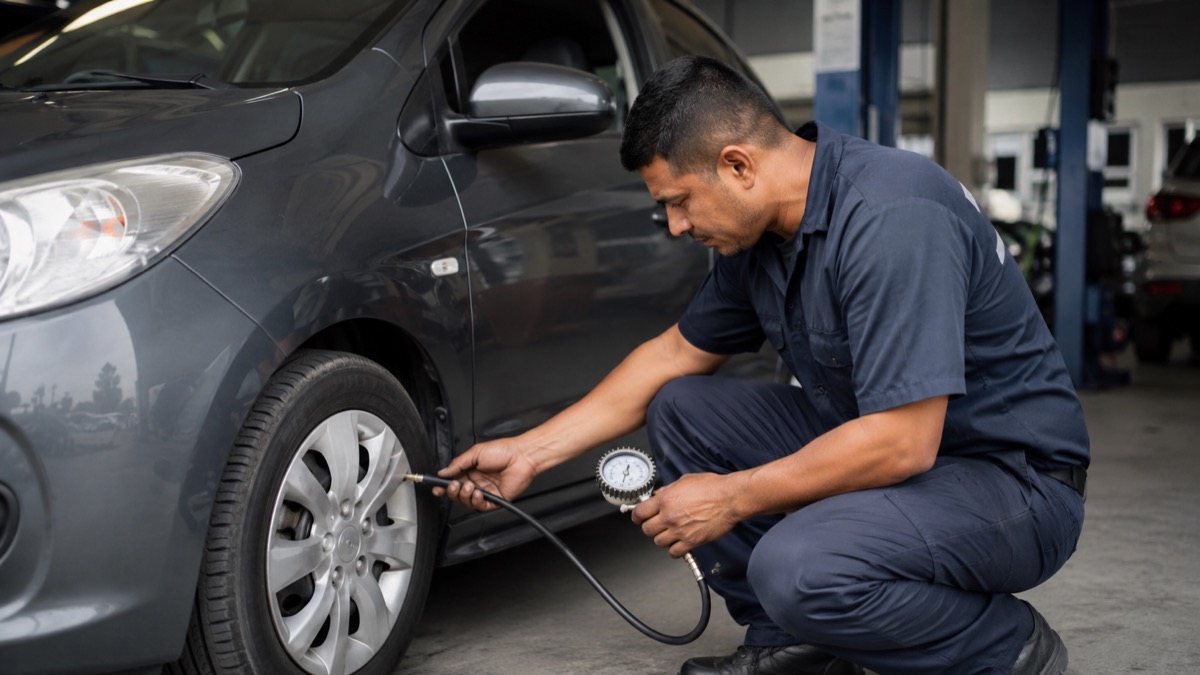 Panamanian auto mechanic checking tyre pressure and inspecting a compact car in a clean workshop, realistic editorial photography