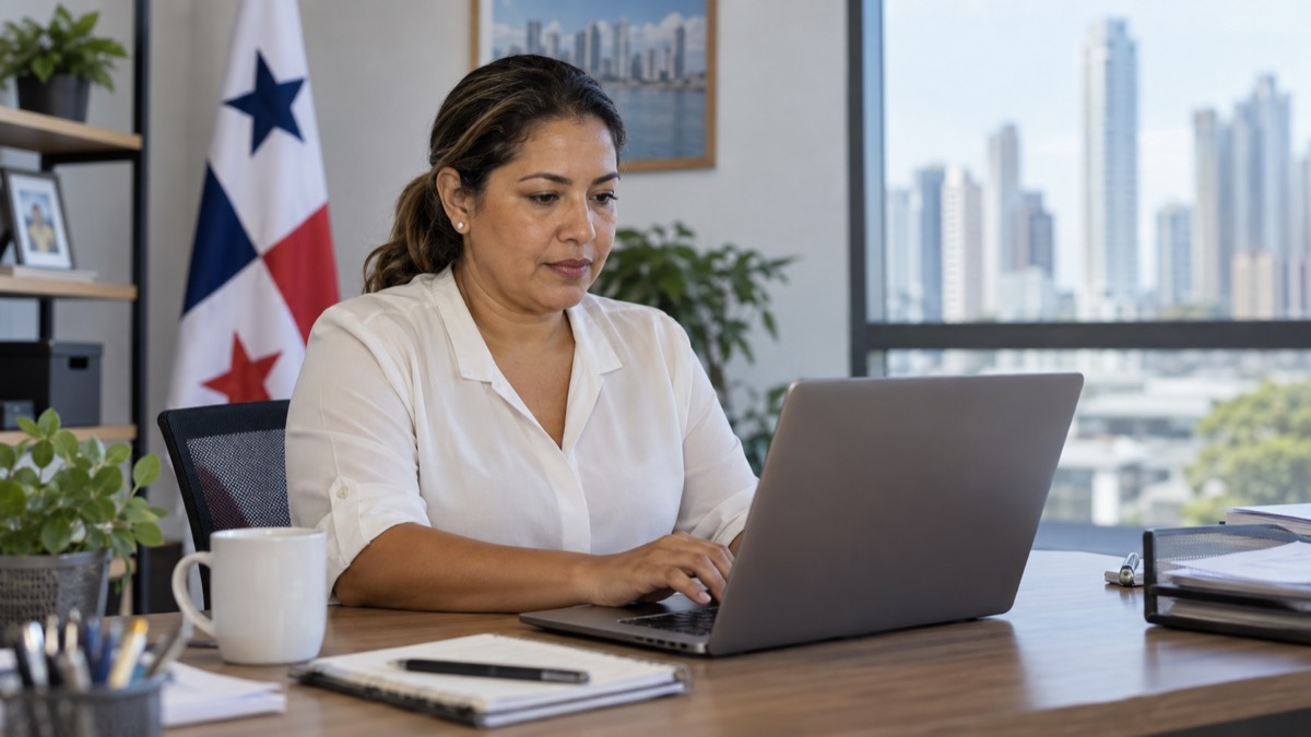 Panamanian small-business owner using a laptop for secure online social-security payment, screen unreadable, modern office documentary scene