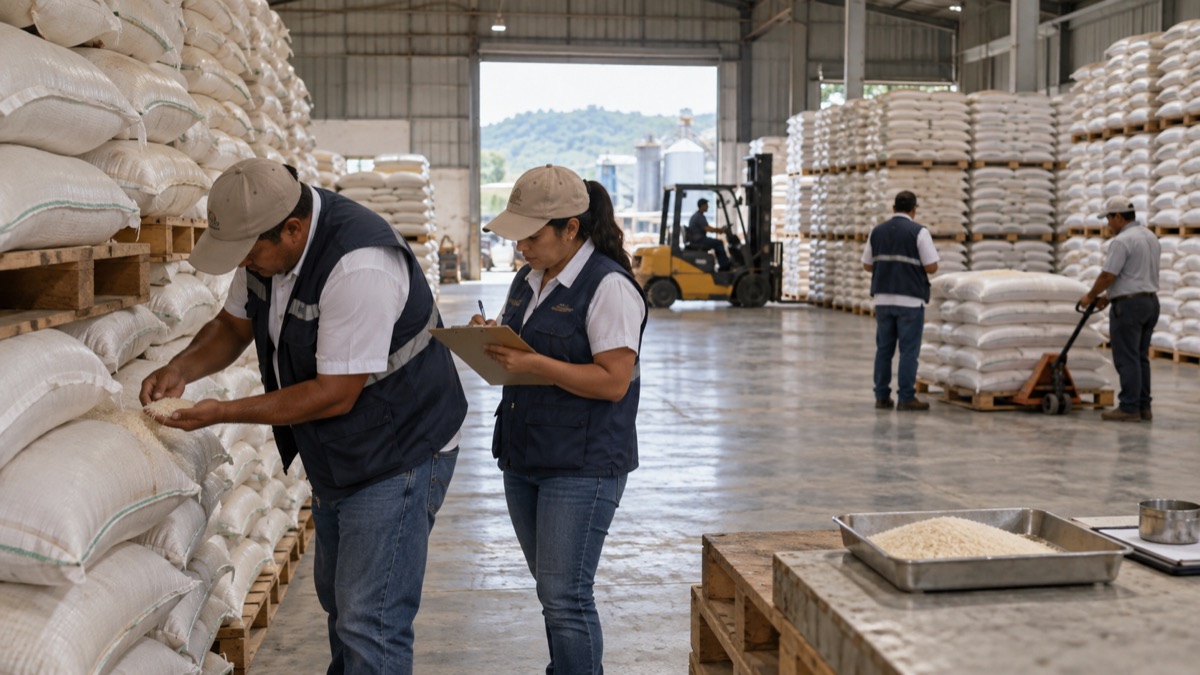 Panama rice warehouse with stacked sacks and agricultural inspectors checking inventory, no readable labels or logos