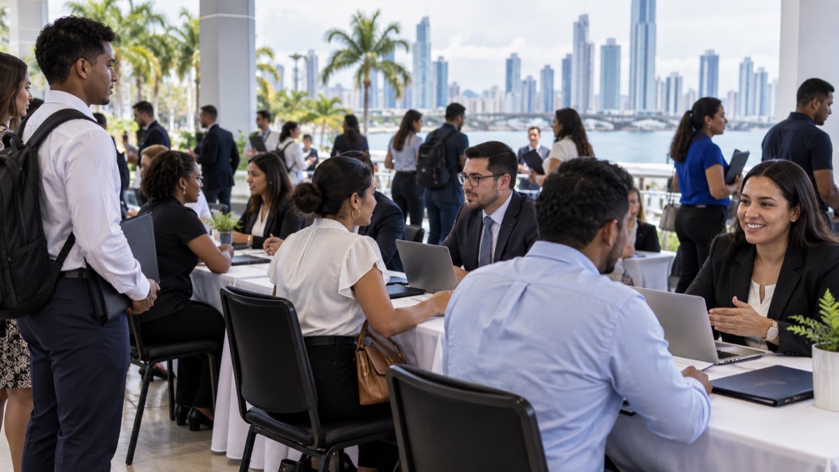 Panama job fair with diverse adult applicants speaking to recruiters at simple information tables, no readable signs