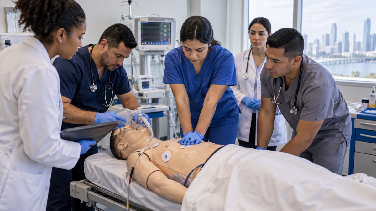 Panama clinical simulation training room with diverse medical professionals practicing teamwork around a mannequin, no readable equipment labels or logos