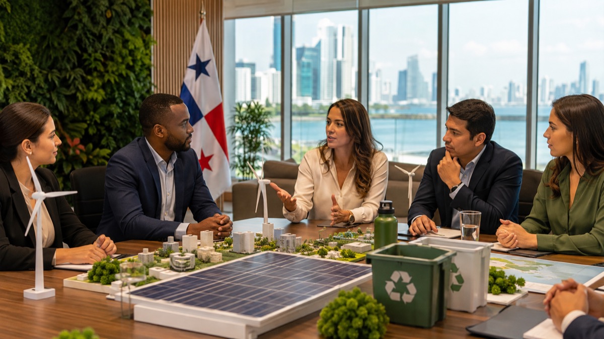 business sustainability forum in Panama with professionals discussing technology, community and environmental projects around a collaborative table