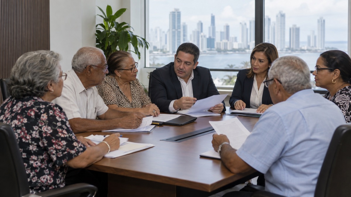 calm meeting room in Panama with senior citizens and generic officials seated around a table discussing papers, respectful documentary photo