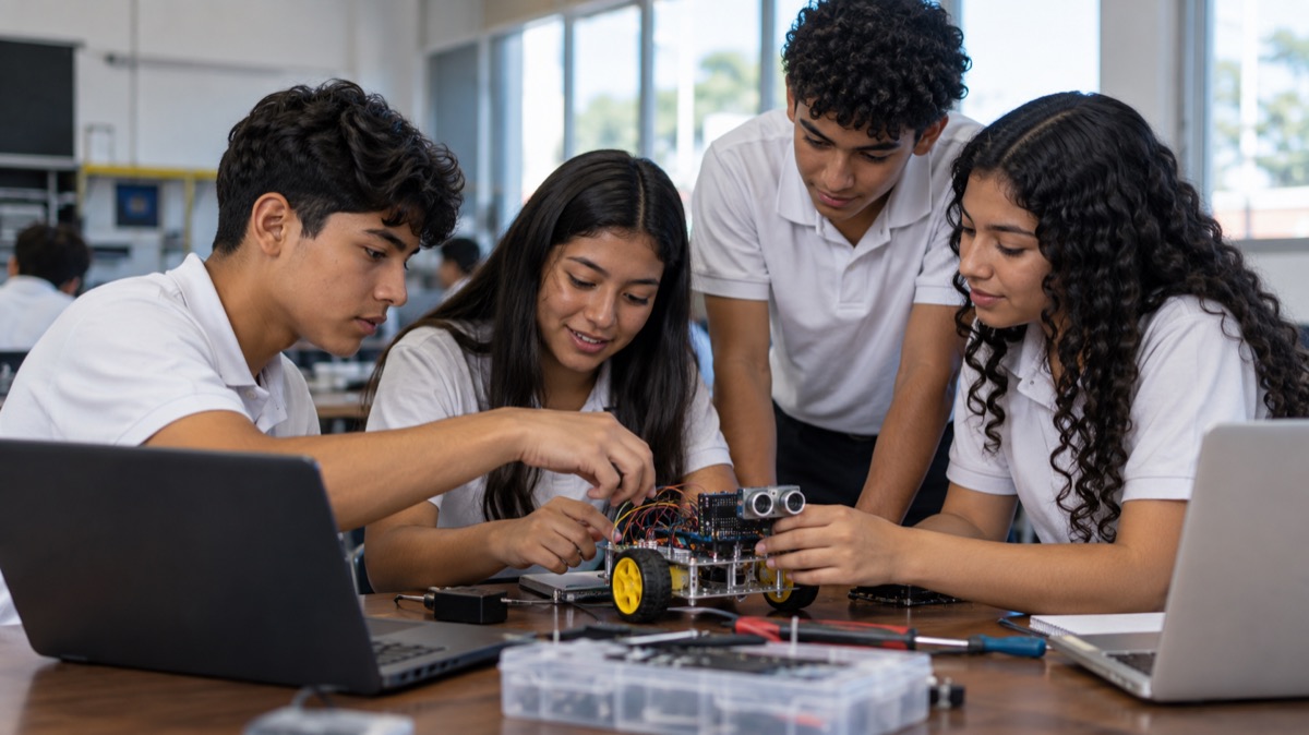 Panama students collaborating on a technology project in a classroom