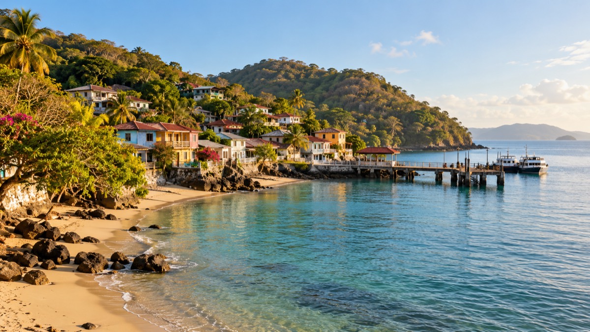 Illustrative AI-generated view of Taboga Island village, beach and ferry pier in Panama.
