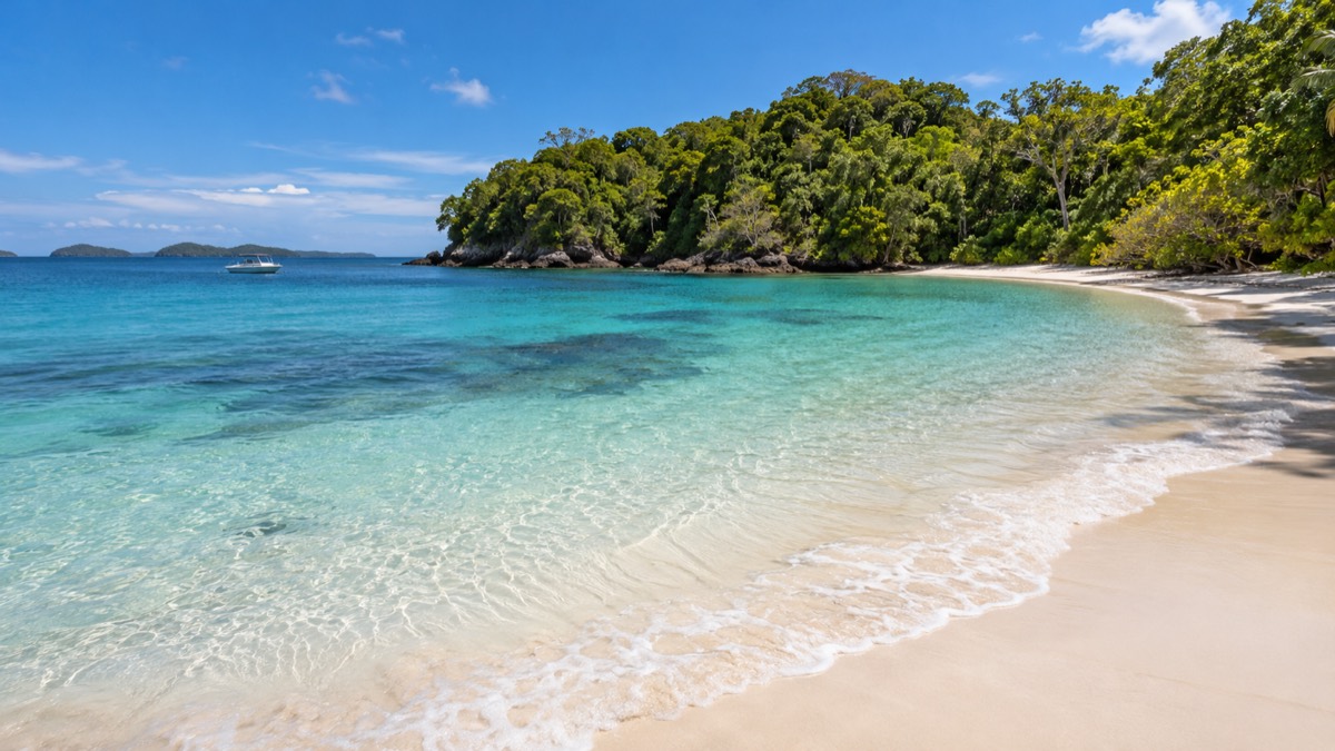 Illustrative AI-generated Pacific beach and forested island in Panama's Pearl Islands.