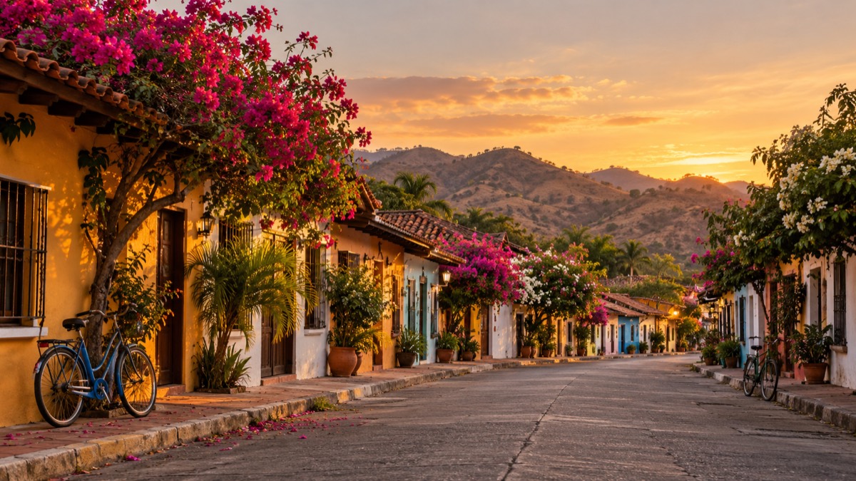 Illustrative AI-generated view of a quiet flowering street in Panama's Azuero region.