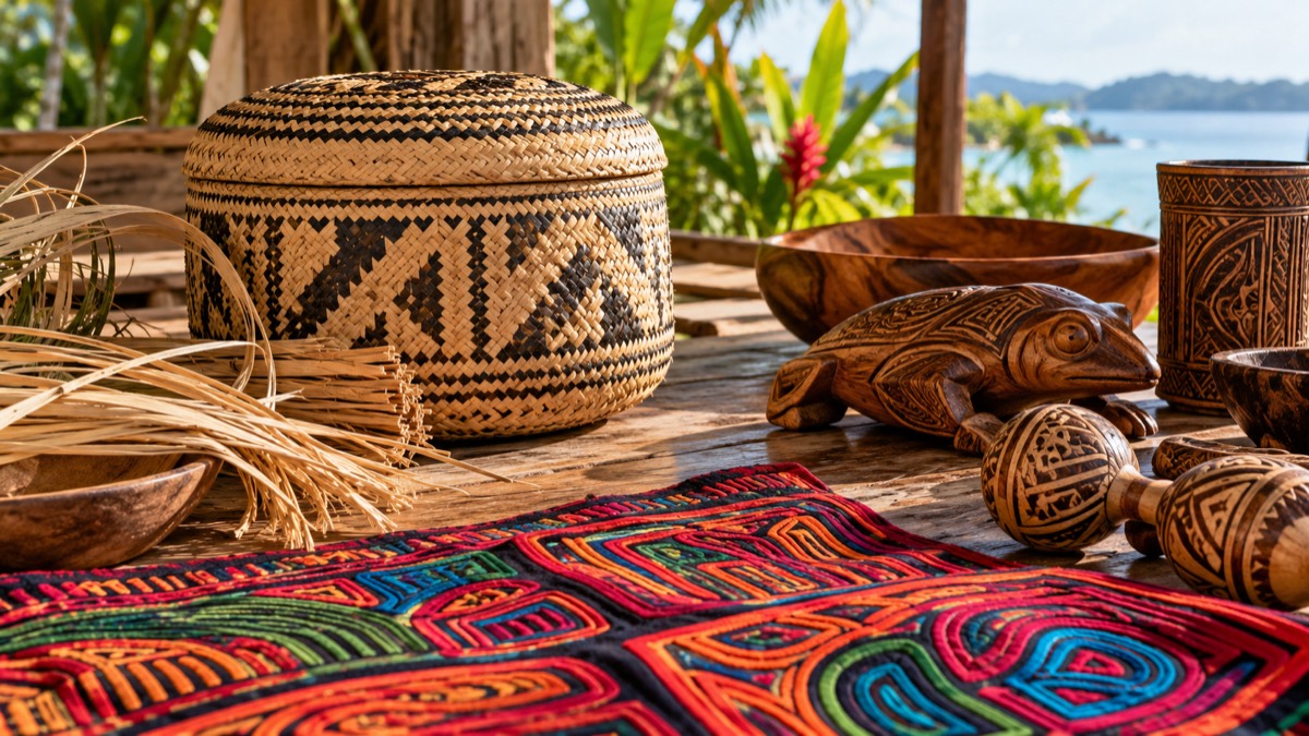 Illustrative AI-generated display of Panamanian-inspired handmade craft materials.