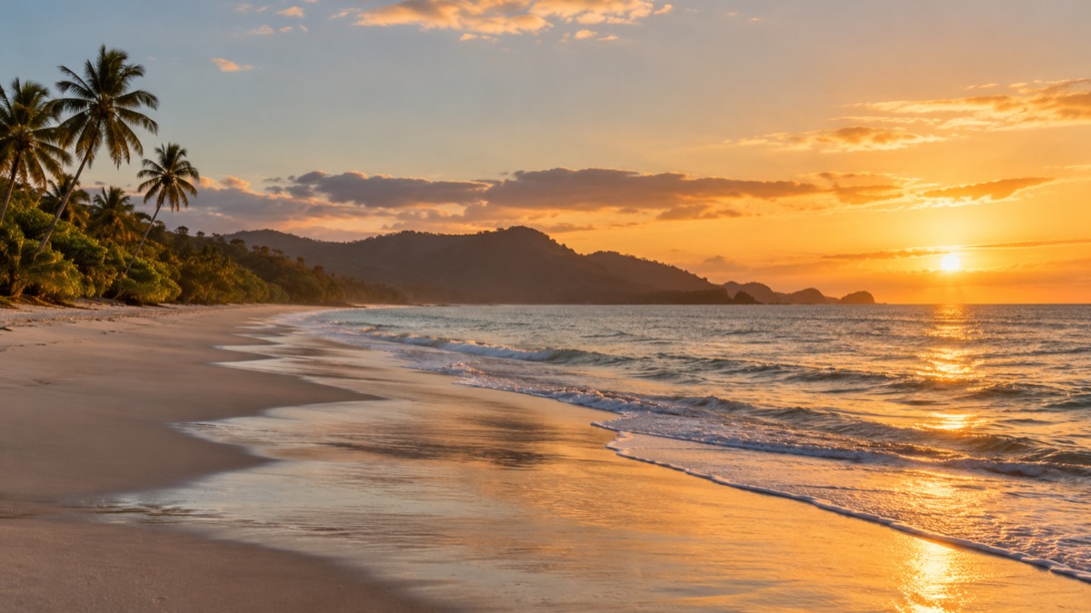 Illustrative AI-generated view of Panama's Pacific Riviera beach at sunset.