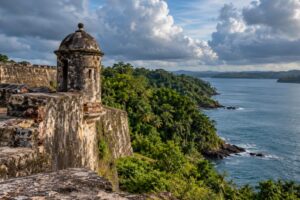 Illustrative AI-generated view inspired by San Lorenzo Fort and Panama's Caribbean coast.
