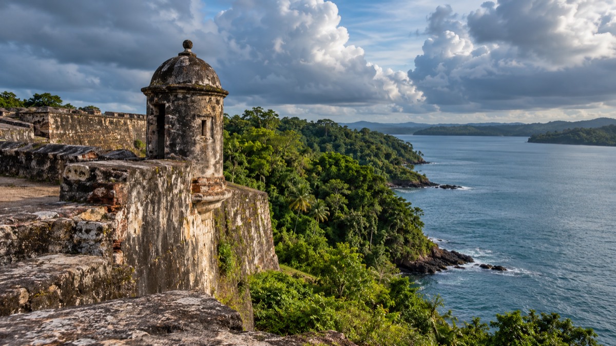 Illustrative AI-generated view inspired by San Lorenzo Fort and Panama's Caribbean coast.