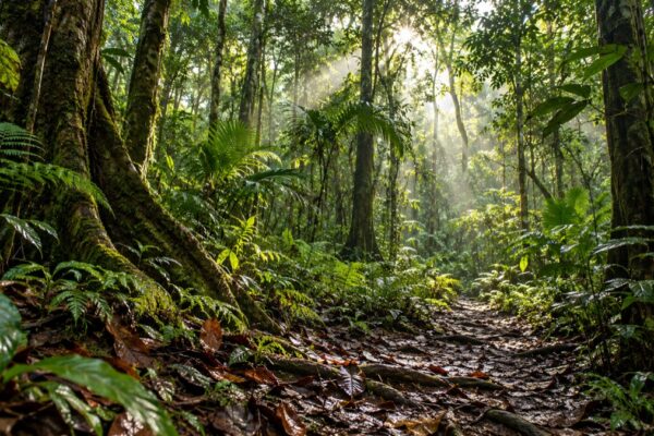 Illustrative AI-generated rainforest trail view inspired by Soberania National Park.