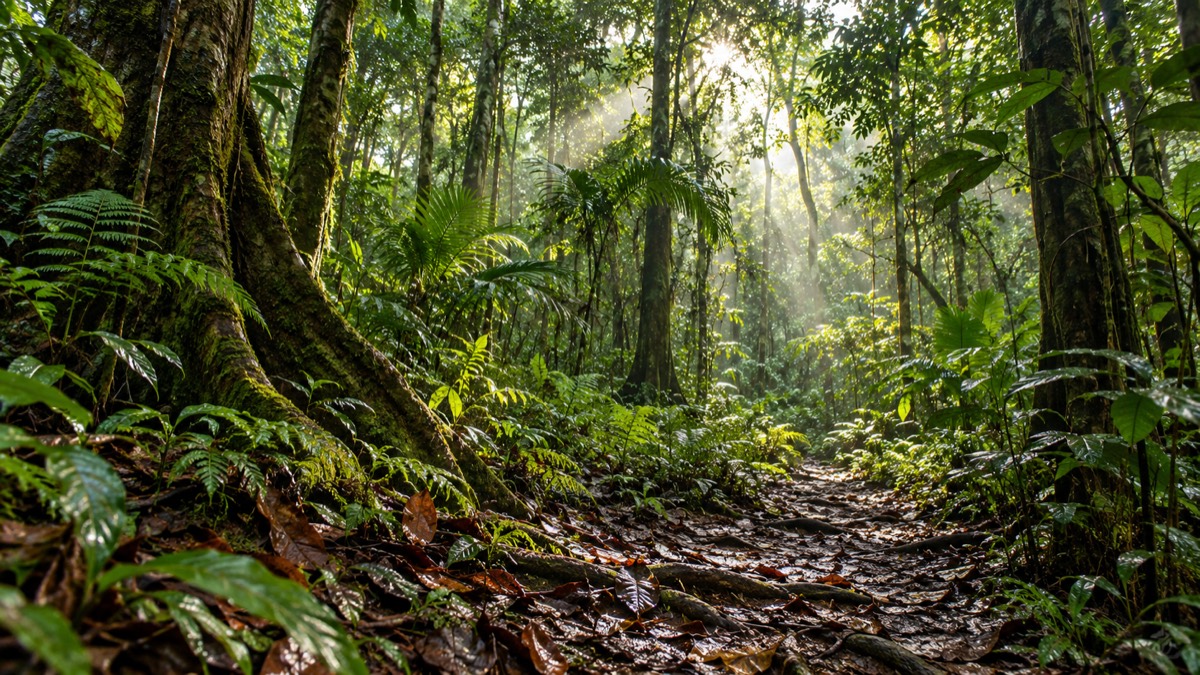 Illustrative AI-generated rainforest trail view inspired by Soberania National Park.