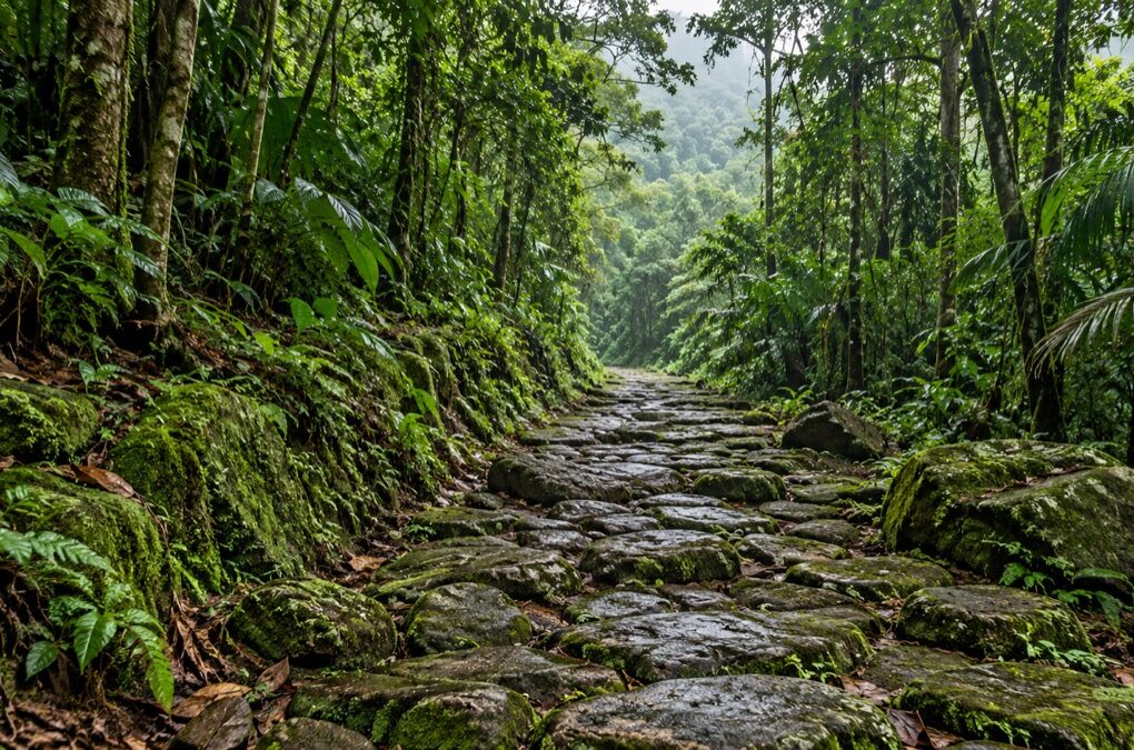 Illustrative AI-generated old stone route in tropical forest inspired by Camino de Cruces National Park.