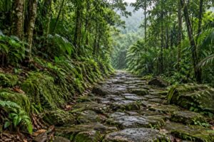 Illustrative AI-generated old stone route in tropical forest inspired by Camino de Cruces National Park.