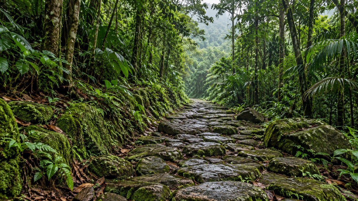 Illustrative AI-generated old stone route in tropical forest inspired by Camino de Cruces National Park.