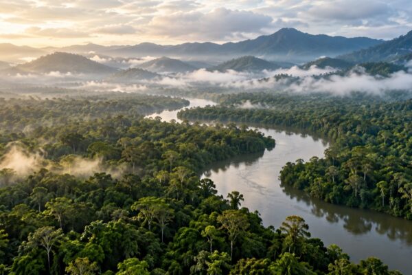 Illustrative AI-generated rainforest and river landscape inspired by Darien National Park.