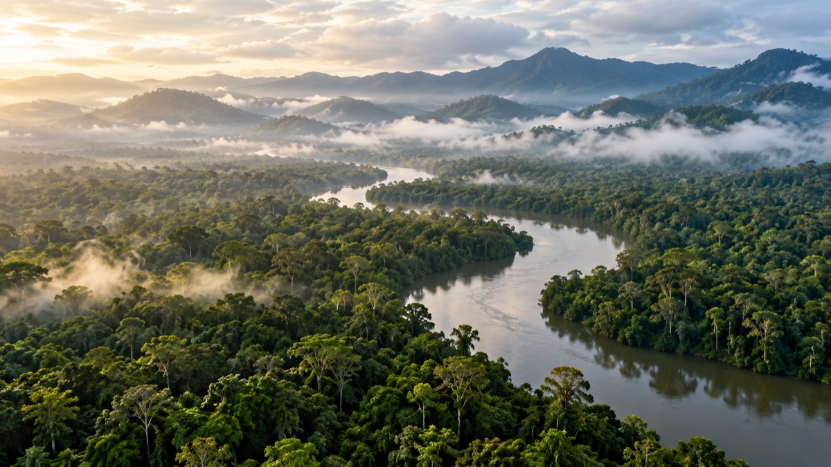 Illustrative AI-generated rainforest and river landscape inspired by Darien National Park.