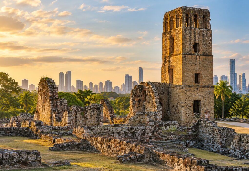 Illustrative AI-generated view of Panama Viejo ruins and Panama City skyline.