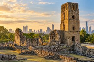 Illustrative AI-generated view of Panama Viejo ruins and Panama City skyline.