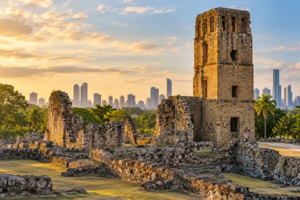 Illustrative AI-generated view of Panama Viejo ruins and Panama City skyline.