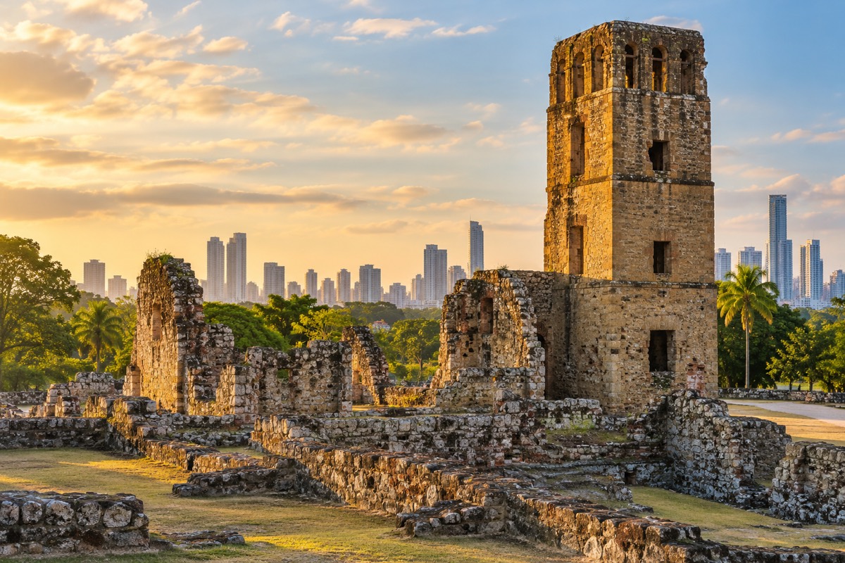 Illustrative AI-generated view of Panama Viejo ruins and Panama City skyline.