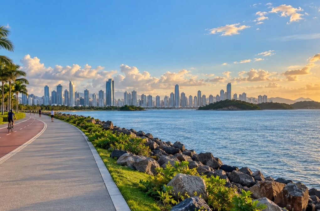 Illustrative AI-generated view of Amador Causeway waterfront and Panama City skyline.