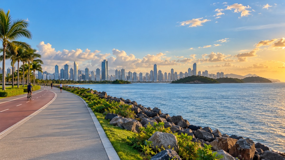 Illustrative AI-generated view of Amador Causeway waterfront and Panama City skyline.