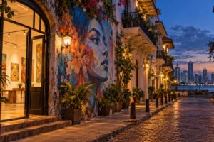 Illustrative AI-generated Panama City street art and gallery scene at dusk.